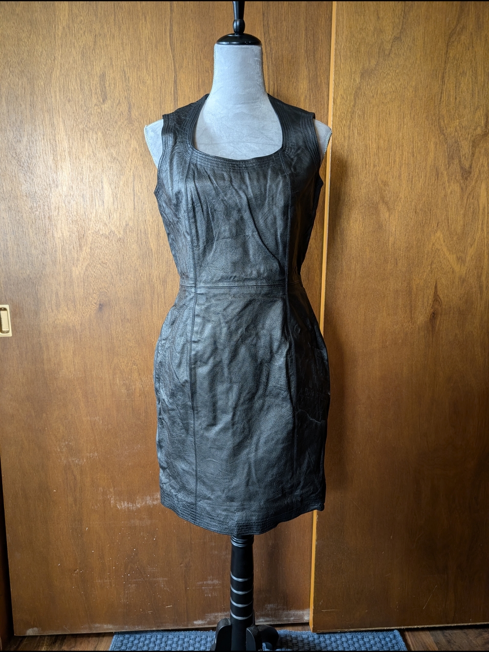 Sleeveless Black Leather Sheath Dress